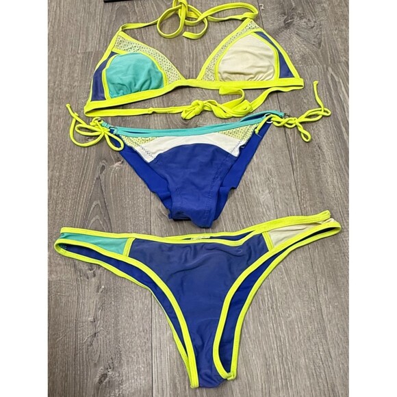 Body Glove Bikini Set Small Cheeky Bottoms Tie Side Triangle Top Blue Neon Swim - Picture 1 of 8